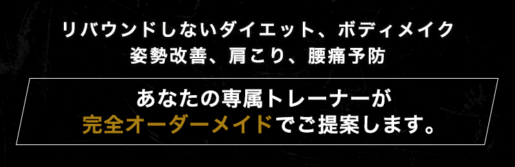 リバウンドしないダイエット、ボディメイク姿勢改善、肩こり、腰痛予防あなたの専属トレーナーが完全オーダーメイドでご提案します。